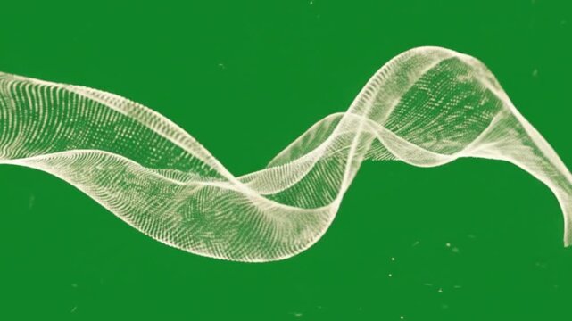The particles initially form a narrow horizontal thread, then weave themselves into a flowing three-dimensional fabric-like membrane
