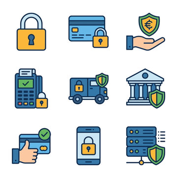 Security icons set featuring padlocks, credit cards, bank buildings, and mobile payment protection symbols in a modern vector design style.