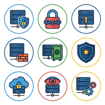 Server security vector icons illustrating database protection, firewall defense, data privacy, cyber security, and encryption.