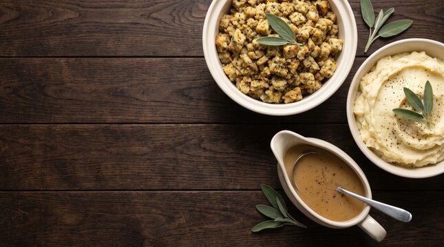 Thanksgiving stuffing and mashed potatoes served with gravy on a dark wooden table with sage leaves