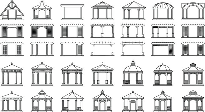 Gazebo and pergola line icon set featuring outdoor pavilions wooden patio canopies backyard garden structures arbors and architectural landscape design vector illustration
