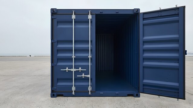 Front view of open dark blue steel intermodal shipping container on concrete ground