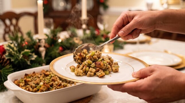 Warm stuffing being served from a dish onto a plate during a festive holiday meal with soft lighting