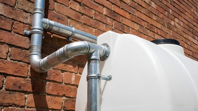 White plastic water storage tank with galvanized steel piping and downspout connection