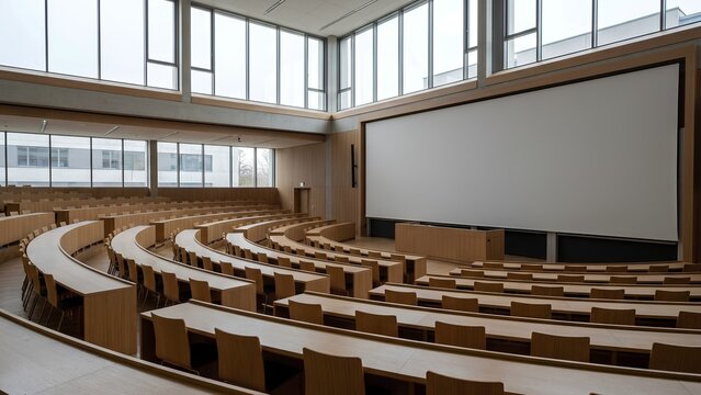 University lecture hall auditorium with curved wooden rows of desks and large projection screen