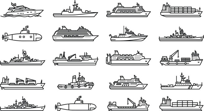 Ship and boat line icon set featuring cargo vessels cruise liners military battleships submarines yachts ocean transport and maritime logistics vector illustration