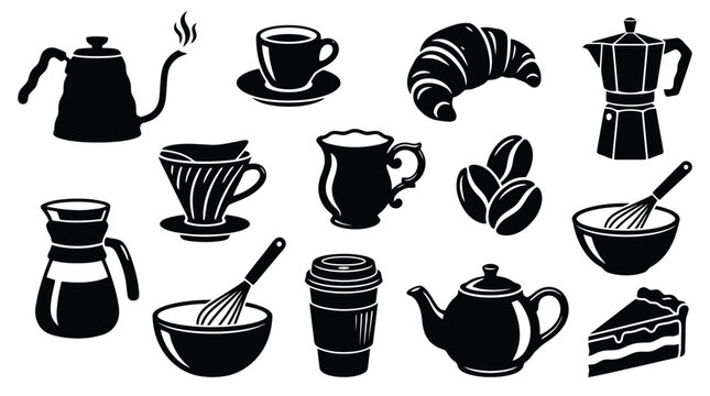 Coffee shop icon set with 13 black silhouettes, cafe equipment and bakery elements vector, espresso brewing tools and pastry graphics for menu design