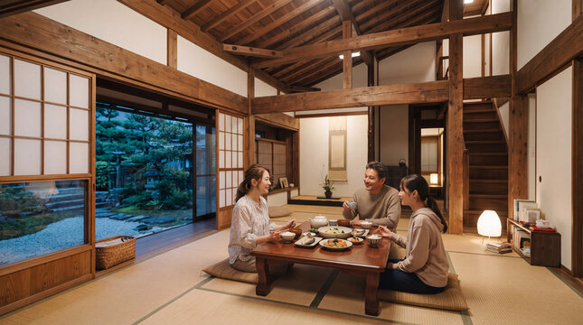 日本庭園を望む古民家の和室で夕食を楽しむ家族の団らん｜Happy family having dinner around low table in traditional Japanese house with garden view