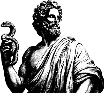 Antique engraved bearded greek god statue holding a serpent for classical background and poster design in high contrast black and white engraving style
