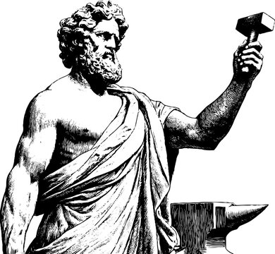 Antique engraving of the statue of hephaestus holding a hammer with anvil for workshop background and historical poster design