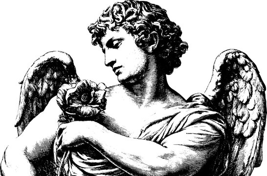 Antique engraving of a statue of hypnos with wings and poppy for classical art background and historical design
