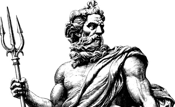 Antique engraving of poseidon full figure statue with trident isolated for classical maritime background and poster design
