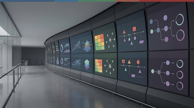 Data monitoring center, displaying complex analytics and flowcharts on curved wall screens, interactive infographics and tech symbols, modern corporate hallway office, professional marketing.