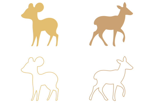 Young Deer Fawns Silhouette and Outline Illustration Set