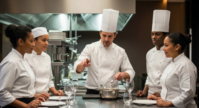 Professional chef instructing trainees in a modern kitchen, demonstrating culinary techniques with focused engagement.