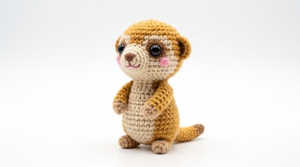 Fototapeta premium Small handmade crochet meerkat plushie toy standing upright against a clean white background