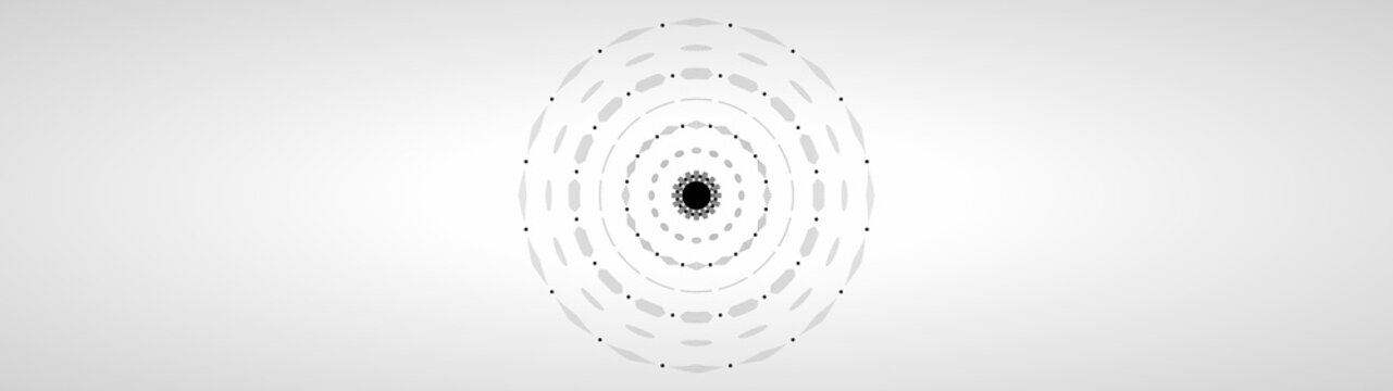Abstract minimalist black and white concentric circles pattern with central dot on light grey background.
