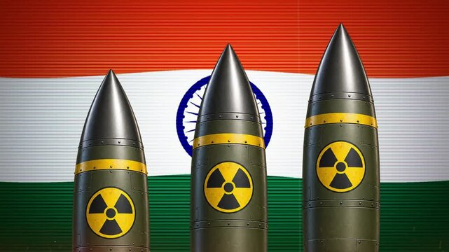Three nuclear missiles rising against the national flag of India