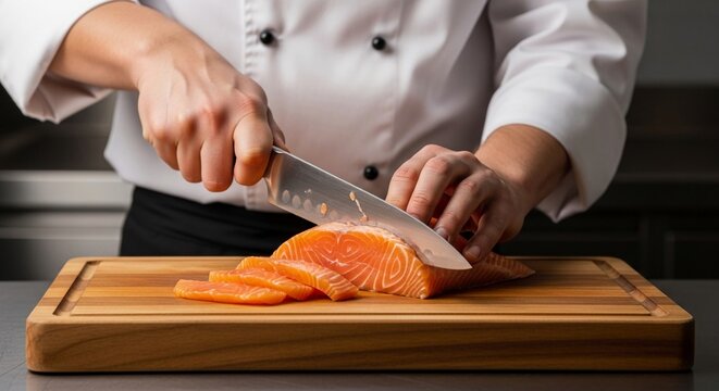 Professional chef precisely slicing fresh raw salmon fillet on a wooden cutting board for culinary preparation