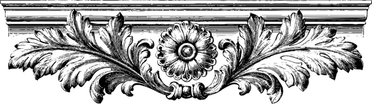 Antique ottoman engraved decorative border with saz leaf rosette panel for architectural ornament background and vintage design elements