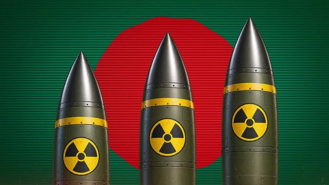 Three nuclear missiles rising against the national flag of Bangladesh