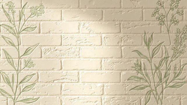 White brick wall backdrop featuring elegant hand drawn floral vines moving slowly in this artistic light animation video motion clip