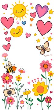 Whimsical illustration featuring hand-drawn cartoon elements, hearts, suns, stars, butterflies, crowns, bees, flowers, and cameras in a playful doodle style, cute, heart