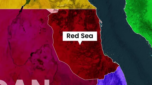 Animated satellite map zooming into Red Sea state of Sudan