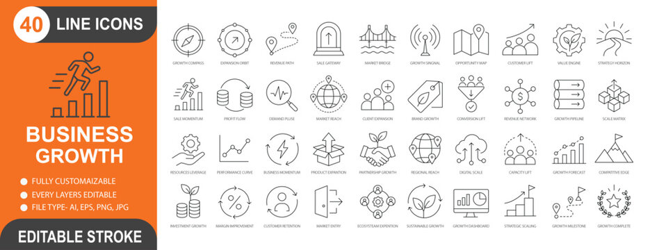 Business growth line icon set with revenue, expansion, sales, customer growth, market reach, investment, performance, scaling, partnership and editable stroke