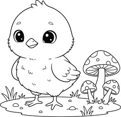 Fototapeta premium Cute Baby Chick Beside Mushrooms in a Woodland Scene Coloring Page, Whimsical Nature Illustration with Grass and Black and White Line Art