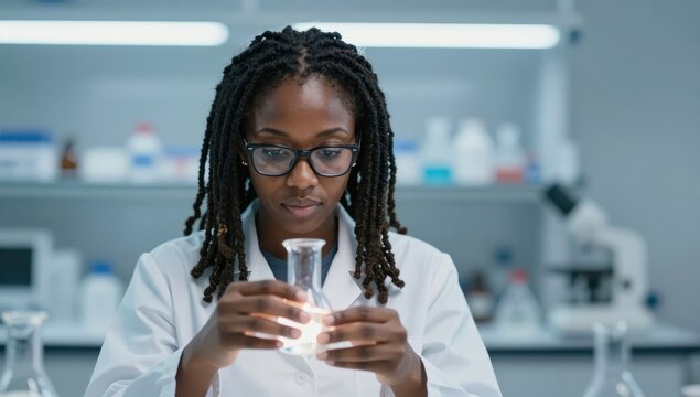 Young African American Female Scientist in White Lab Coat Examining Glowing Liquid in Erlenmeyer Flask within a Modern High Tech Laboratory Setting with Soft Bokeh Lighting