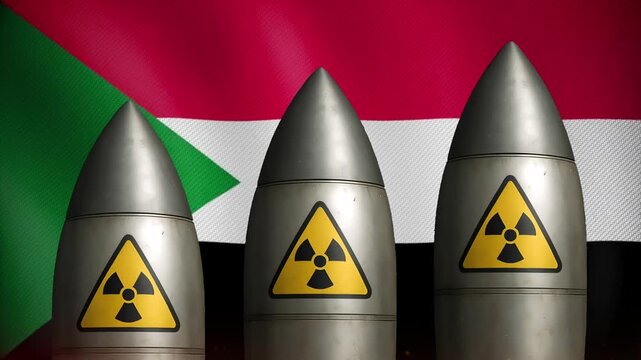 Three nuclear missiles rising against the national flag of Sudan