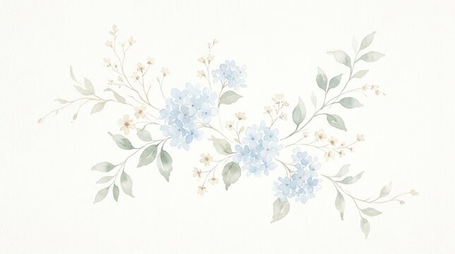 Soft blue wildflower branches with delicate watercolor leaves on cream background