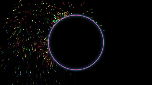 Abstract particles exploding in a dark void with a central circle during a celebratory event