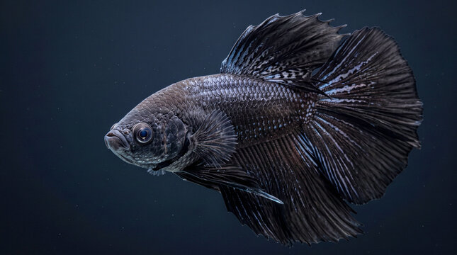 Elegant black betta fish swimming gracefully in dark water with detailed flowing fin structures