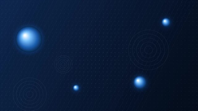 Glowing blue spheres and faint radar circles on a dark digital network background with dotted grid