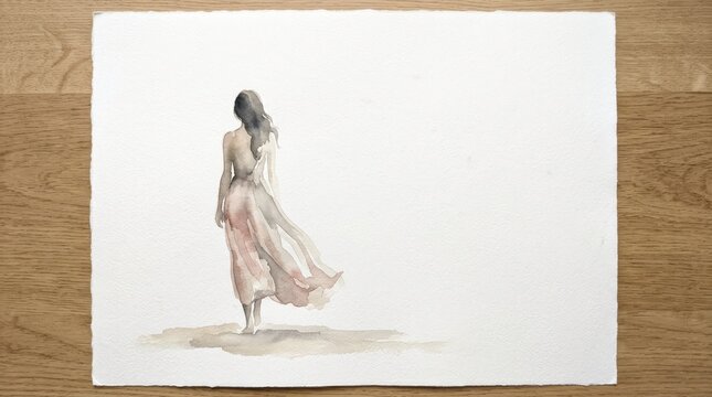 Elegant watercolor figure in soft flowing dress standing against blank background