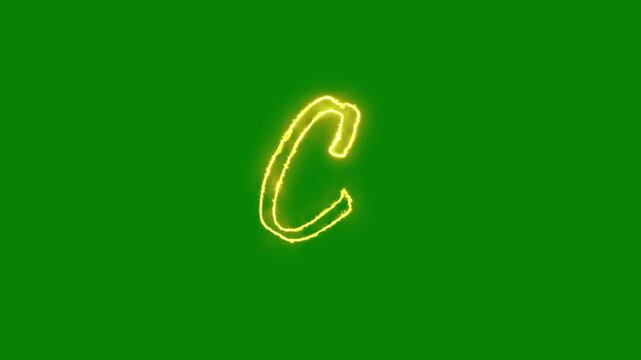 Glowing yellow gold letter C alphabet animation neon typography with chroma key green screen 4K