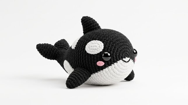 Cute knitted orca plush toy with pink smiley face for childrens room decor or eco-friendly gift packaging
