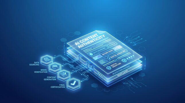 AI content authenticity concept with data sourcing, model verification, secure hashes, digital signatures, and blockchain anchor trust layer.