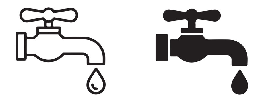 Water faucet tap icons set with dripping drops and industrial plumbing hardware in simple flat style.
