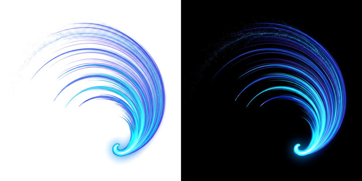 Blue and cyan swirling light wave curling into a glowing spiral tip great for dynamic energy design with PNG, Transparent and Black Background Versions
