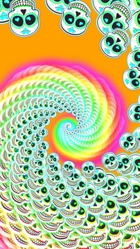 Seamless vertical video of swirl of psychedelic skulls printed drawn style cartoon. Hypnotic rainbow Halloween background with marker stroke effect