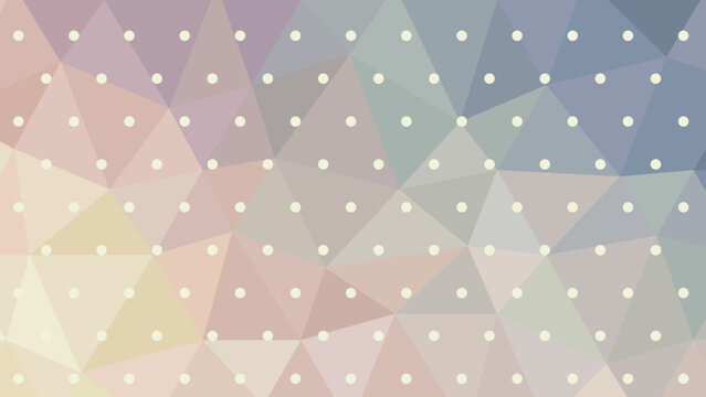 Pastel geometric abstract background with colorful polygon triangles and evenly spaced cream dots, soft muted tones and modern seamless pattern design