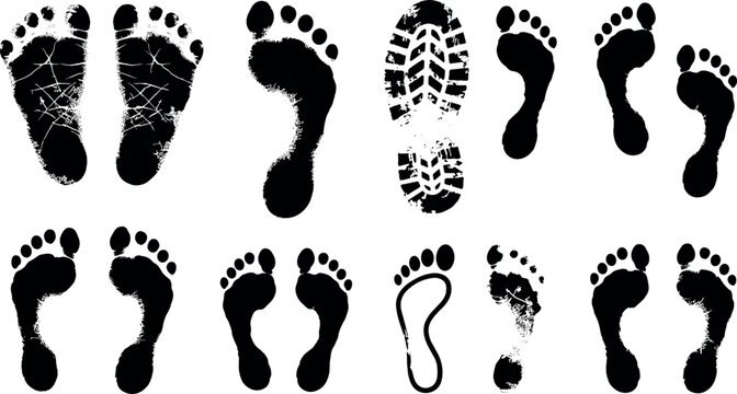 Human footprint silhouette and shoe print collection with baby feet and adult footprints vector illustration set