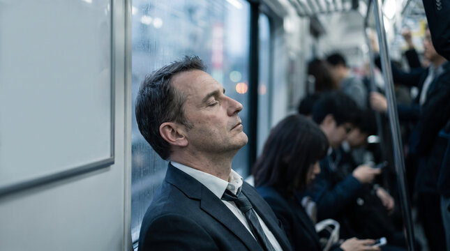 通勤電車の車内で目を閉じて居眠りをする疲れた外国人ビジネスマン