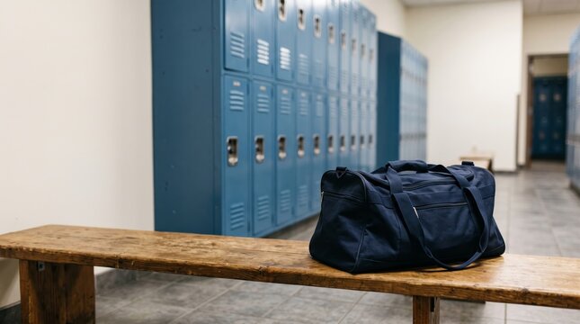 Blue sports bag resting on a wooden bench in a clean modern locker room with rows of storage lockers