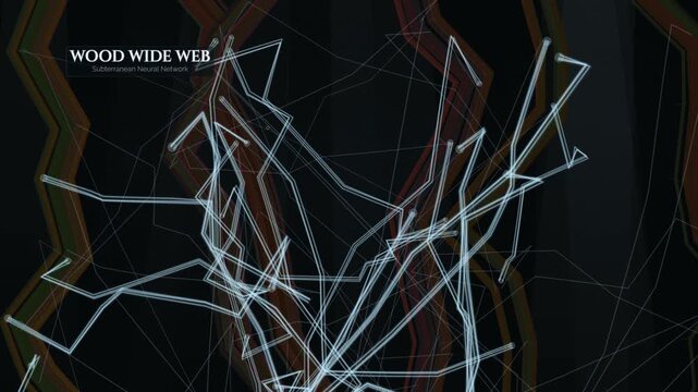 Abstract digital visualization of the wood wide web showing mycorrhizal hyphae subterranean neural network with threat detection, biochemical alarms, kin recognition, and defense protocols