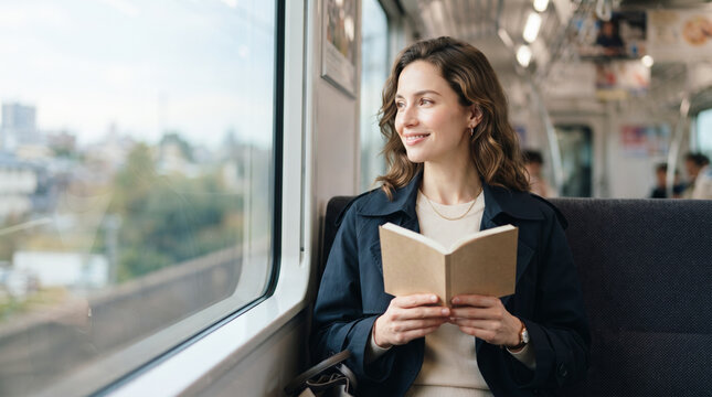 電車内で本を開き窓の外を眺める通勤途中の笑顔の女性