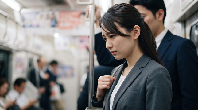 通勤電車で痴漢に擦り寄られる女性